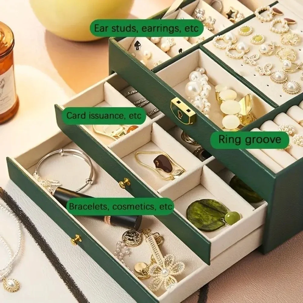 3 Layer PU Leather Soft‎ Lining Jewelry Box, Large Organizer for Women Green US